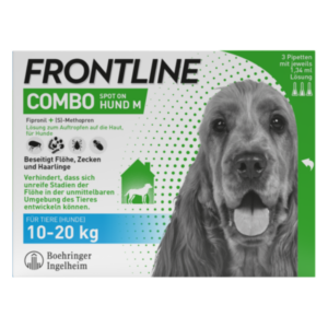Verpackung von FRONTLINE Combo Spot On für Hunde, zeigt eine Hundeschnauze und Hinweise zu Anwendung und Wirkung.