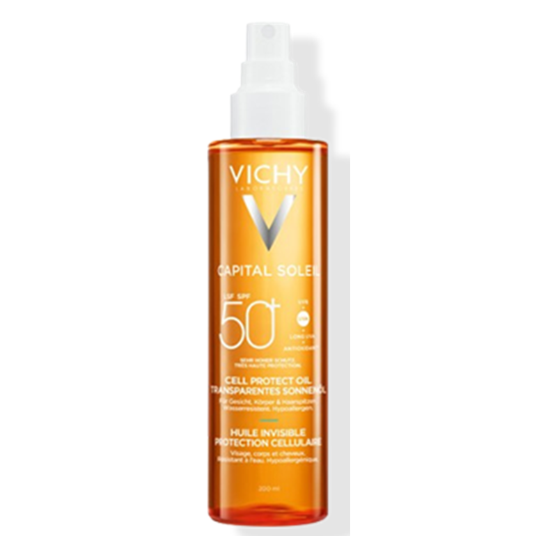 Schutzöl von Vichy mit LSF 50 in einer transparenten Sprühflasche, 200 ml, betont Sonnenschutz und Hautpflege.
