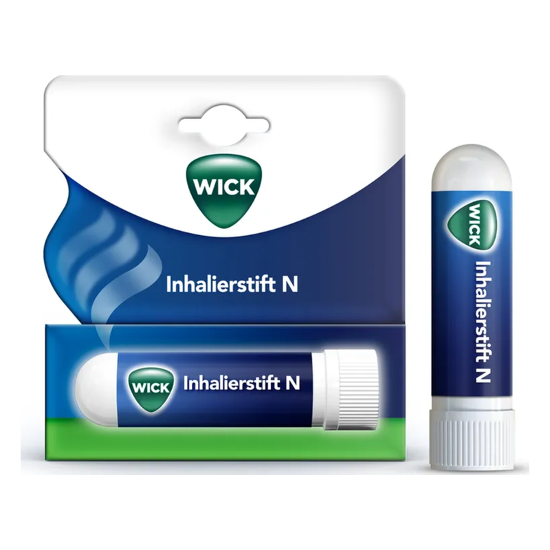 Verpackung mit Inhalierstift N, blauer Hintergrund, logo von WICK, praktische Schlauchform mit Kappe.