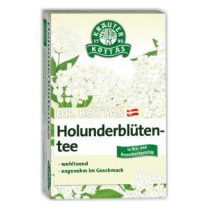 Paket mit Holunderblütentee von Dr. Kottas, verdeutlicht durch florale Muster und Angaben zur Qualität und Geschmack.
