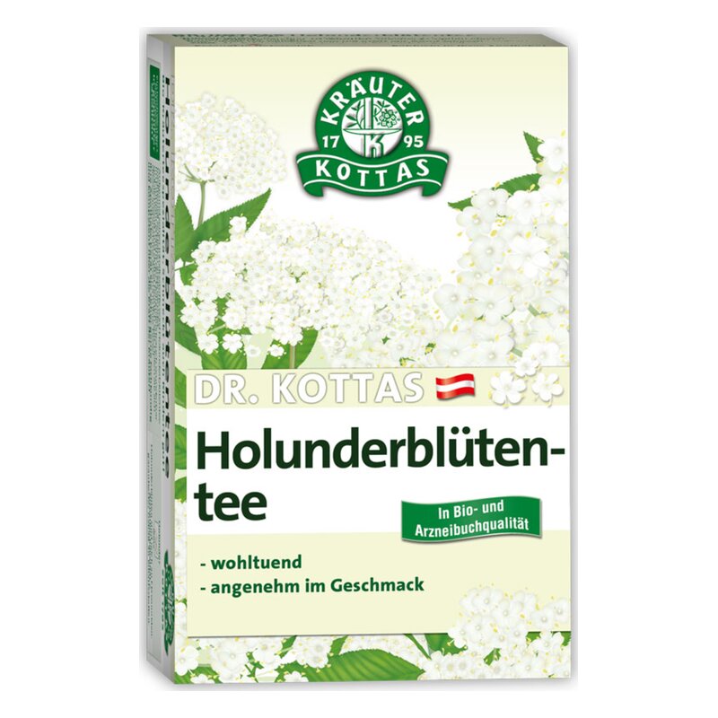 Paket mit Holunderblütentee von Dr. Kottas, verdeutlicht durch florale Muster und Angaben zur Qualität und Geschmack.