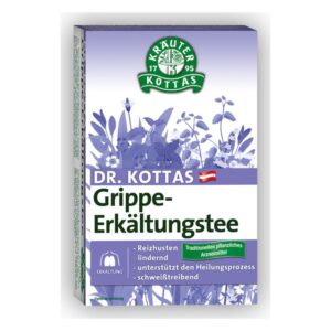 Verpackung des Dr. KOTTAS Grippe-Erkältungstees, blau mit Kräuterillustrationen und Beschreibung der Wirkungen.
