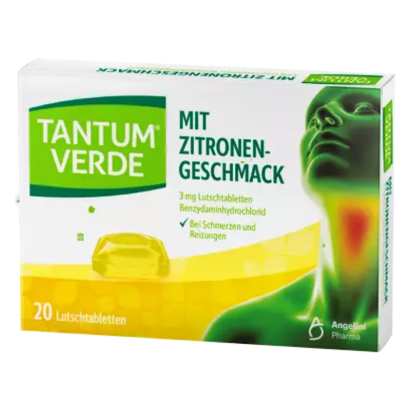Packung mit 20 Lutschtabletten von Tantum Verde, Zitronengeschmack, zur Linderung von Schmerzen und Reizungen im Hals.