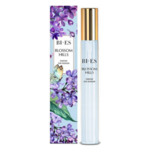 Flakon von Blumendüfte "Blossom Hills" für Frauen mit einer bunten Verpackung voller Blumen und einem Schmetterling.