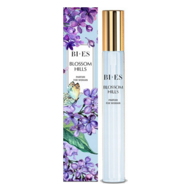 Flakon von Blumendüfte "Blossom Hills" für Frauen mit einer bunten Verpackung voller Blumen und einem Schmetterling.