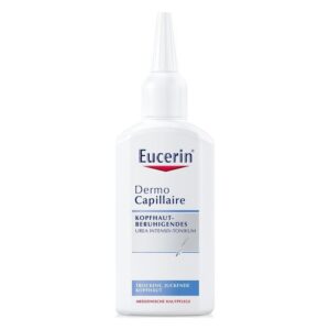 Flasche mit Eucerin Dermo Capillaire, ein intensiv beruhigendes Tonikum für trockene und juckende Kopfhaut.