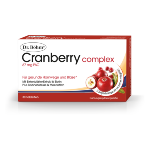 Verpackung von Dr. Böhm Cranberry Complex mit 30 Tabletten, betont gesunde Harnwege und Blase, enthält Biotin und Kräuterextrakte.