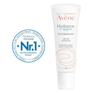 Weiße Tube mit Feuchtigkeitscreme für trockene Haut, SPF 30; aquarellierte Linie und blauer Siegel "Nr. 1 bei Feuchtigkeitspflege".