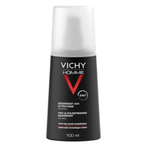 Vichy Homme 24H ultra-frisch Deodorant in schwarzer Flasche mit weißem Deckel, 100 ml.