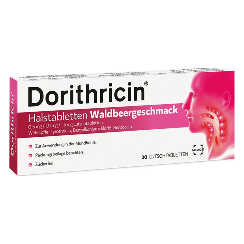 Packung mit Dorithricin Halstabletten in Waldbeeren-Geschmack, enthält 20 Lutschtabletten zur Anwendung in der Mundhöhle.