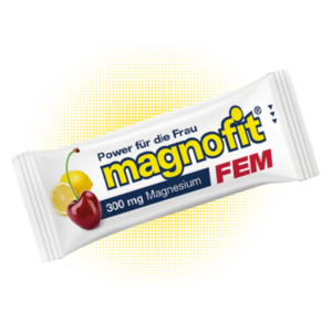 Verpackung mit Magnesium für Frauen, mit Kirsche und Zitrone, enthält 300 mg Magnesium.