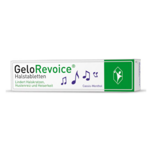 Verpackung von GeloRevoice Halstabletten in Cassis-Menthol, mit Hinweis auf Linderung von Halskratzen und Hustenreiz.