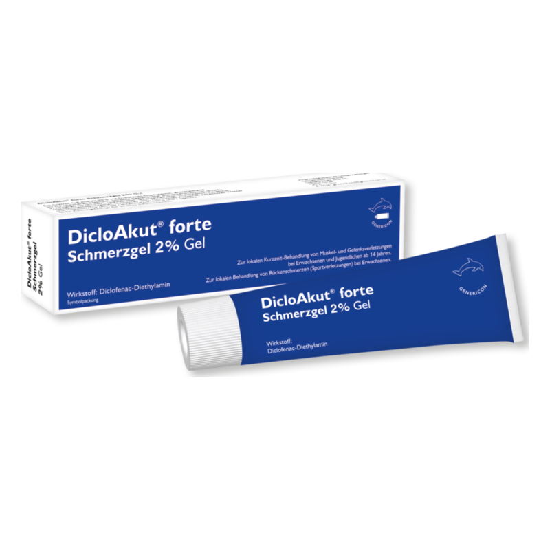 Tube und Verpackung von DicloAkut® forte Schmerzgel 2% mit blauem Design und weißen Schriftzügen.
