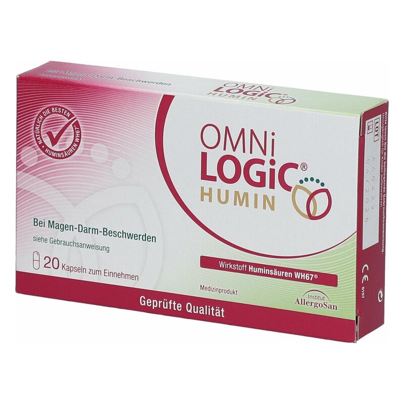 Verpackung von OMNiLOGIC HUMIN mit 20 Kapseln zur Linderung von Magen-Darm-Beschwerden, geprüftes Medizinprodult.
