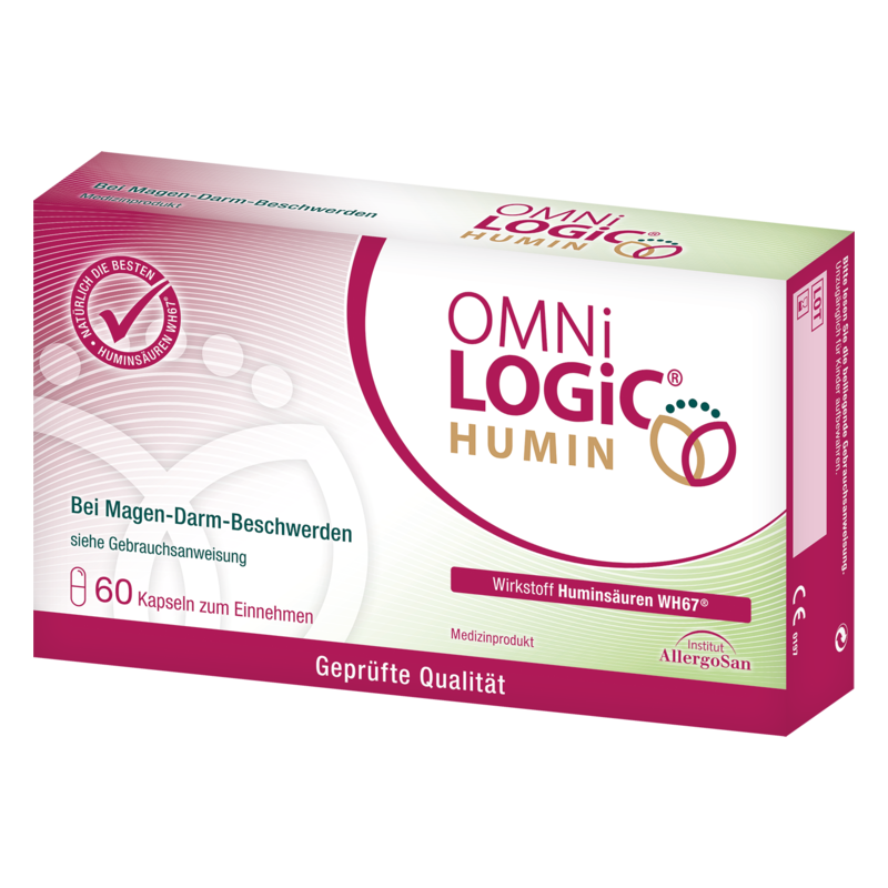Packung OMNiLOGIC HUMIN mit 60 Kapseln gegen Magen-Darm-Beschwerden, in auffälligem Design mit Prüf-Label.