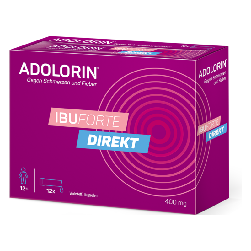 Lila Verpackung von Adolorin IBUFORTE direkt, 400 mg, mit Angaben zu Indikation und Wirkstoff.