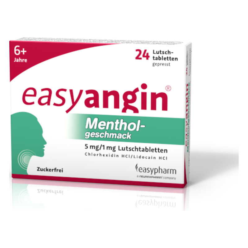 Verpackung von easyangin Menthol-Lutschtabletten mit 24 gepressten Tabletten, zuckerfrei, für Erwachsene und Kinder ab 6 Jahren.