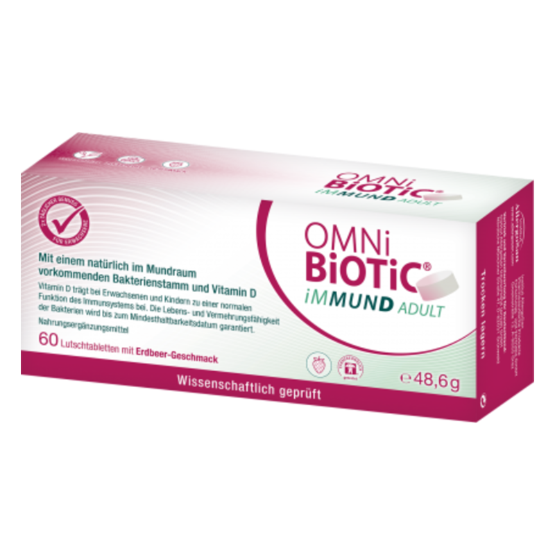 Verpackung von OMNi BiOTiC iMMUND ADULT, 60 Lutschtabletten mit Erdbeer-Geschmack, enthält Bakterienstämme und Vitamin D.