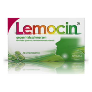 Packung von Lemocin gegen Halsschmerzen mit grüner und roter Gestaltung, enthält 20 Lutschtabletten.