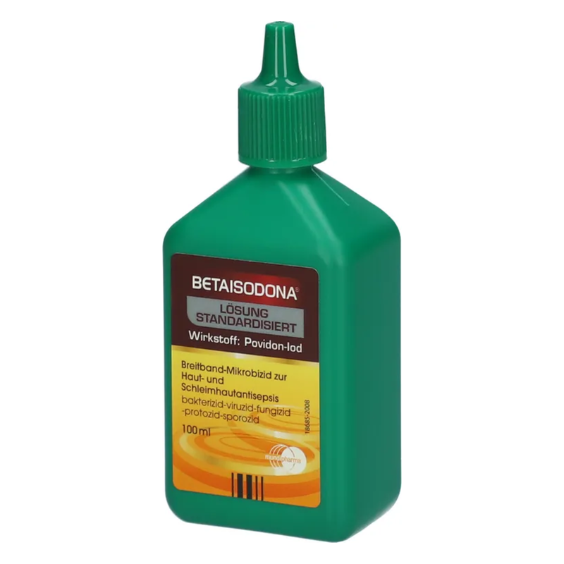 Grüne Flasche mit Pumpe, enthält desinfizierende Lösung mit Povidon-Iod zur Haut- und Schleimhautdesinfektion, 100 ml.