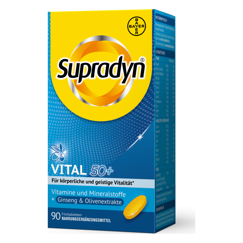 Verpackung des Nahrungsergänzungsmittels Supradyn VITAL 50+, betont Vitamine, Mineralstoffe und Ginseng.