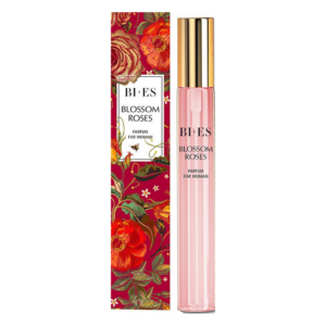 Flasche mit rosafarbenem Parfum 'Blossom Roses' und dekorativem, blütenmotiviertem Karton.