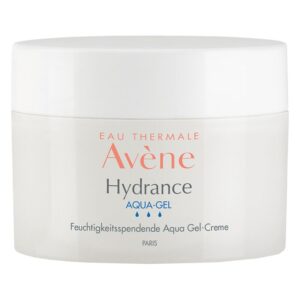Runde, weiße Cremedose mit einem weißen Schraubdeckel, beschriftet mit 'Avene Hydrance Aqua-Gel' in bunten Buchstaben.