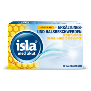 Verpackung von isla med akut Halspastillen mit Citrus-Honig-Geschmack, betont Wirkung bei Erkältungs- und Halsbeschwerden.