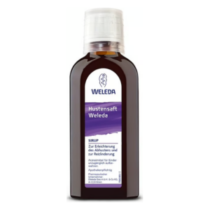 Braune Flasche mit Hustenstift Weleda, enthält einen Sirup zur Erleichterung des Abhustens und zur Reizungslinderung.
