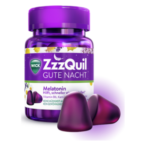 Lila Flasche mit Deckel und zwei lila Gelee-Drops, beworben als Schlafhilfe mit Melatonin.