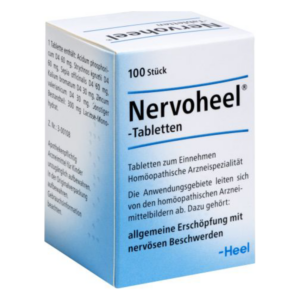 Packung mit Nervotabletten, die zur Behandlung nervöser Beschwerden bestimmt sind, in blauer und weißer Gestaltung.