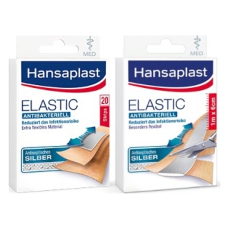 Verpackungen von Hansaplast Elastischen, antibakteriellen Pflastern in zwei Größen, mit Informationen zum Schutz gegen Infektionen.