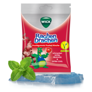Verpackung mit Fruchtgummis 'Rachen Drachen' in Kirschgeschmack und mintgrünen Blättern.
