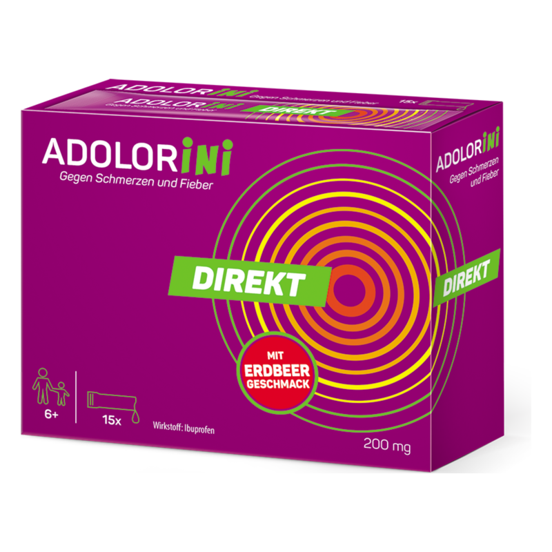 Lila Verpackung des Produkts ADOLORini gegen Schmerzen und Fieber, mit Erdbeergeschmack, 200 mg Ibuprofen, für Kinder ab 6 Jahren.