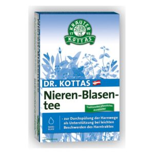 Verpackung von Dr. Kottas Nieren-Blasen-Tee, farbig mit pflanzlichen Illustrationen und Beschreibung der Anwendung.