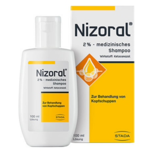 Nizoral 2% medizinisches Shampoo in einer weißen Flasche, umgeben von einer Verpackung zur Behandlung von Kopfschuppen.