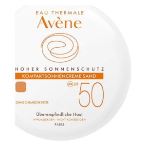 Kompakte Sonnencreme von Avène mit hohem UV-Schutzfaktor 50, speziell für überempfindliche Haut, ohne chemische Filter.