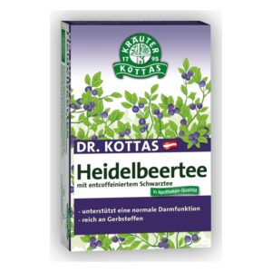 Verpackung für Dr. Kottas Heidelbeerttee mit entcoffeiniertem Schwarztee und pflanzlichen Motiven.