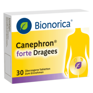 Verpackung von Cannephron forte Dragees in Gelb und Blau, mit Abbildung einer menschlichen Silhouette und Nieren.