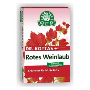 Verpackung von Dr. Kottas Rotes Weinlaub Kräutertee mit roten Blättern und Informationen zur Qualität.