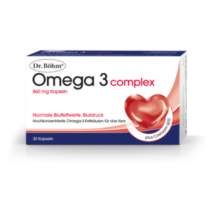 Verpackung von Dr. Böhm Omega 3 complex Kapseln, zur Unterstützung normaler Blutwerte, mit Herzsymbol.