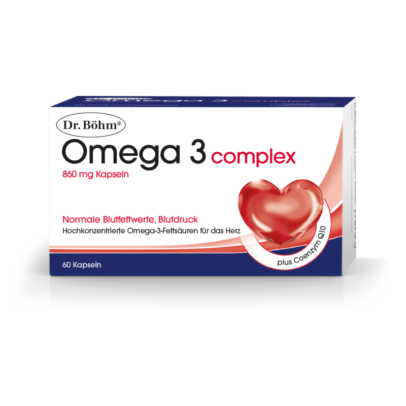 Verpackung von Dr. Böhm Omega 3 complex Kapseln mit Herzsymbol und Hinweisen zu Blutdruck und Blutfettwerten.