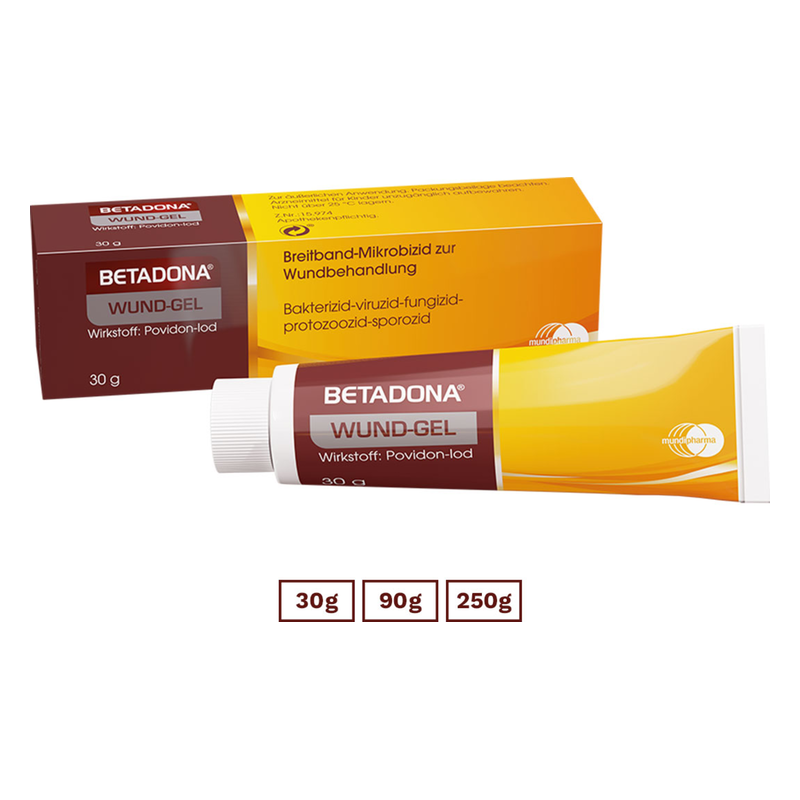 Betadona Wund-Gel in einer 30 g Tube mit Verpackung, wirkt antibakteriell und antiviral.