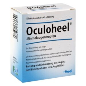 Verpackung von Oculoheel Einmaldosen mit homöopathischen Augentropfen zur Linderung von Reizungen und Entzündungen des Auges.