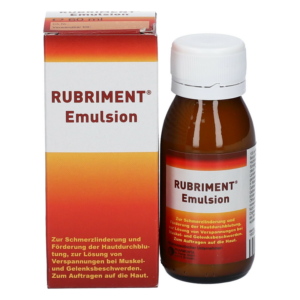 RUBRIMENT Emulsion in brauner Glasflasche mit weißem Schraubverschluss, verpackt in einer roten und weißen Box.