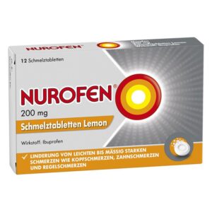 Verpackung von Nurofen 200 mg Schmelztabletten in Zitronengeschmack zur Schmerzlinderung.
