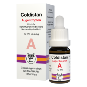Coldistan Augentropfen in einer 10 ml Flasche, umgeben von einer mehrfarbigen Verpackung mit Wirkstoffen und Herstellerangaben.