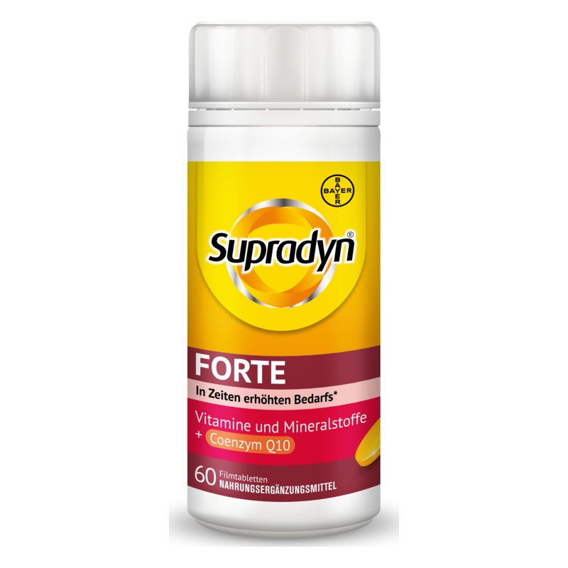 Flasche mit Supradyn Forte Nahrungsergänzungsmitteln, enthält Vitamine, Mineralstoffe und Coenzym Q10. 60 Filmtabletten.