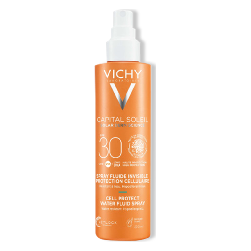 Sprühflasche mit Sonnenschutzmittel, Vichy Capital Soleil, Lichtschutzfaktor 30, wasserfest, hypoallergen.