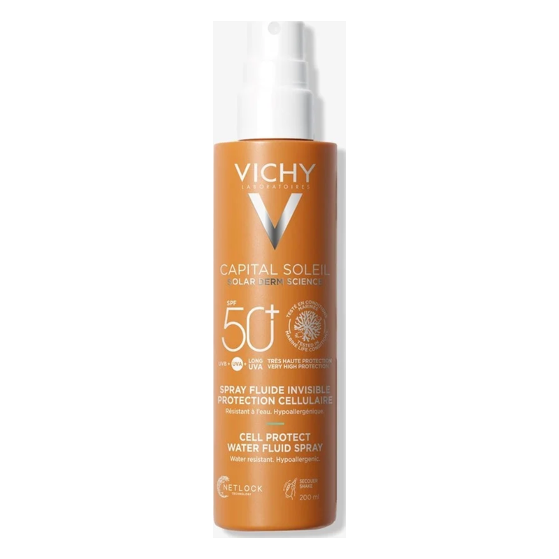 Sonnenspray von Vichy in orangefarbener Flasche mit Sprühkopf, Schutzfaktor 50+. Hypoallergen und wasserresistent.